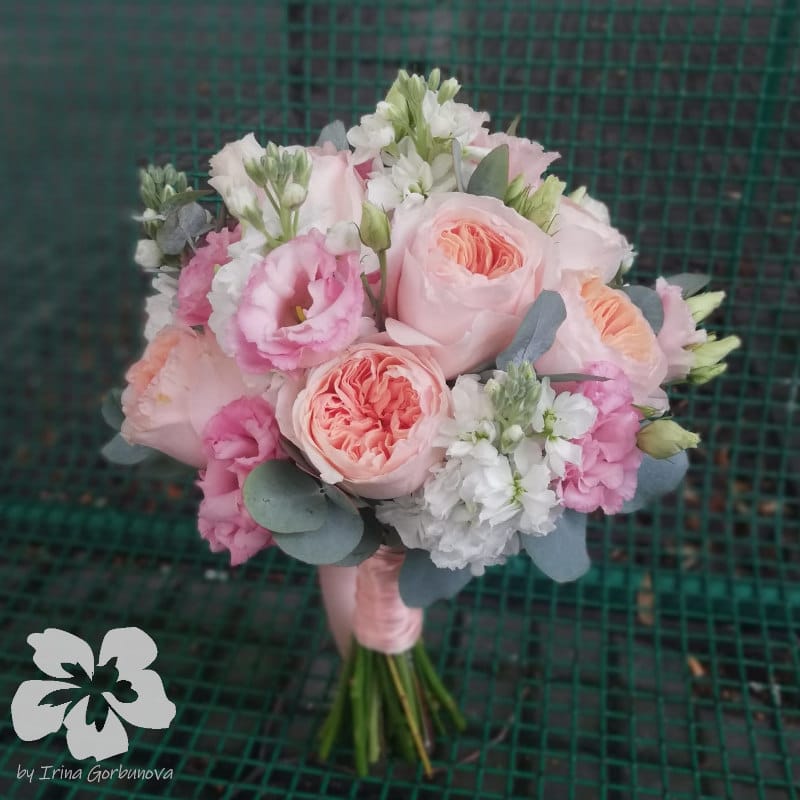 A bouquet of English garden roses, eustomas and matthiolas